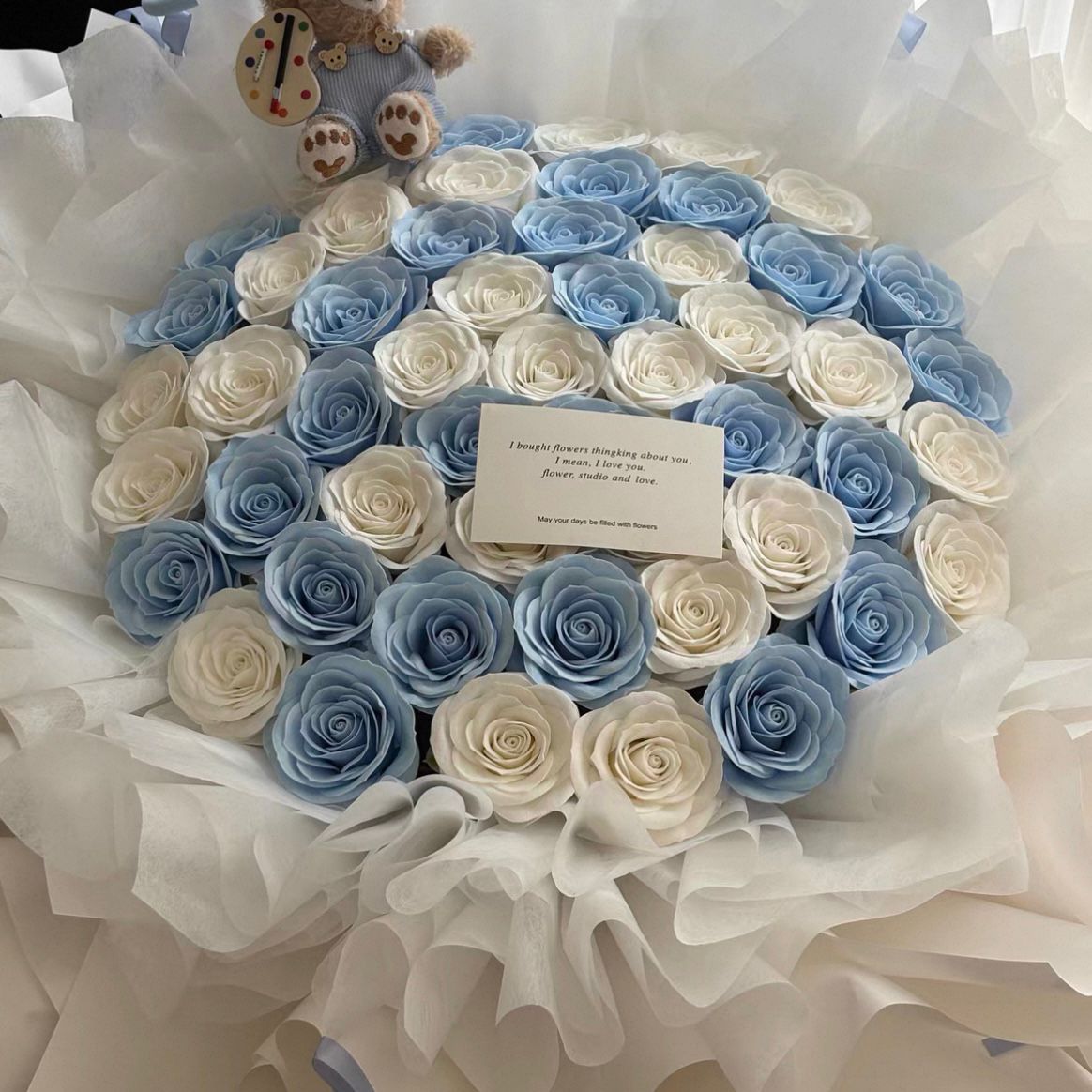 Emily's Bouquet – 52 Dual Colour Roses (includes a soft toy bear)