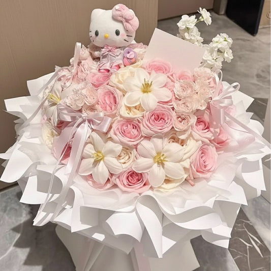 Aurora's Bouquet – 33 Multicolour Roses (includes hello kitty soft toy)