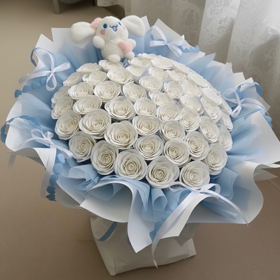 Melissa's Bouquet – 52 White Roses (includes cinnamoroll soft toy)