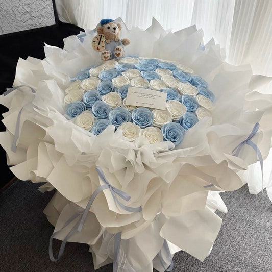 Emily's Bouquet – 52 Dual Colour Roses (includes a soft toy bear)