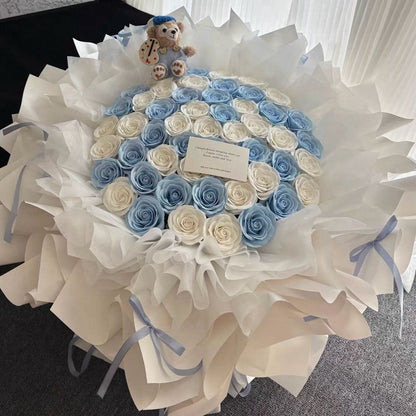 Emily's Bouquet – 52 Dual Colour Roses (includes a soft toy bear)