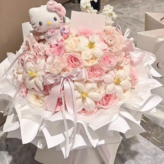 Aurora's Bouquet – 33 Multicolour Roses (includes hello kitty soft toy)